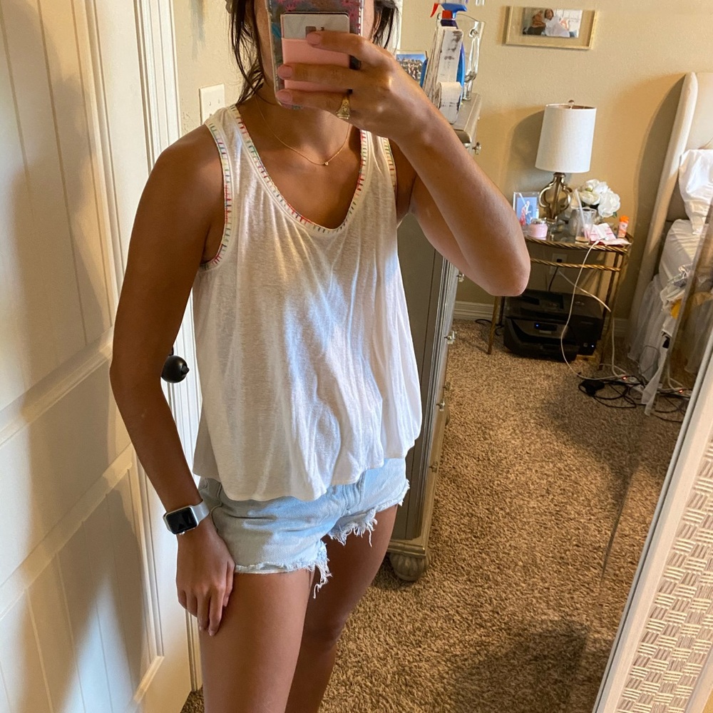 Cream loft tank with rainbow stitching